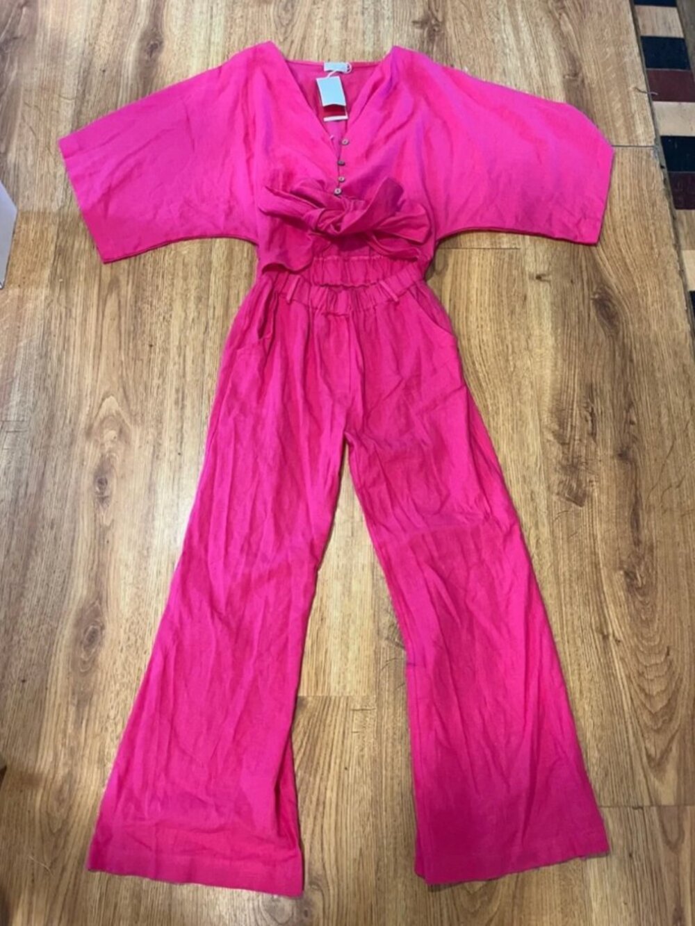 Women's NWT Bright Pink Wide-Leg Jumpsuit w/ Open Stomach + Bow & Buttons Size M